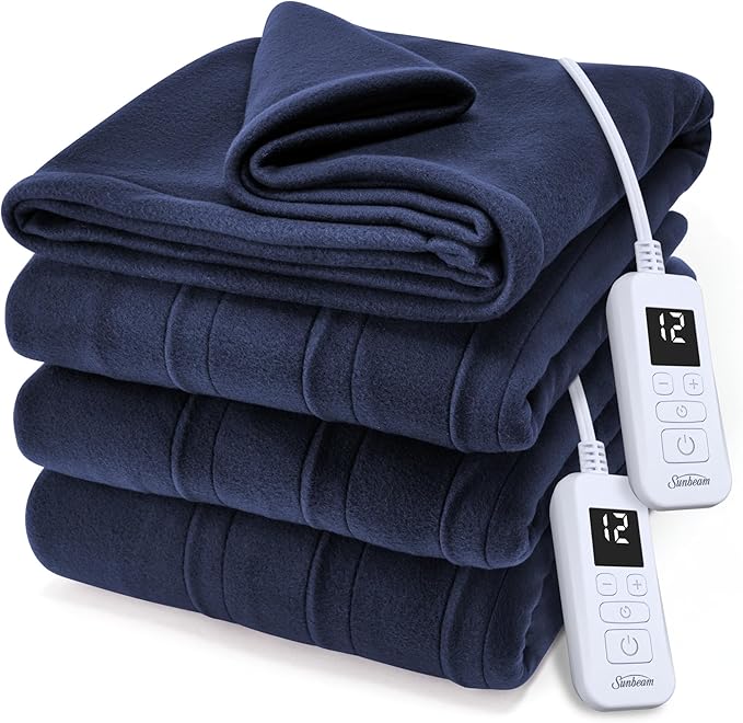 Sunbeam Royal Ultra Fleece Heated Electric Blanket Queen Size, 90" x 84", 12 Heat Settings, 12-Hour Selectable Auto Shut-Off, Fast Heating, Machine Washable, Warm and Cozy, Indigo