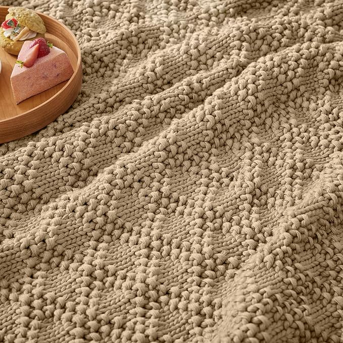 Knitted Weighted Blanket for Adult, Chunky Knit Weighted Throw for Sleep 60"*80" 20lbs, Cooling Breathable Machine Washable Fall Heavy Blanket for Room Decor (Beige, Queen)