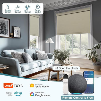 Motorized Blinds with Remote,Blackout Smart Roller Shades with App,Voice Control,Linen Fabric,Thermal Insulated Automatic Blinds,Electric Shades with USB/Solar Pannel.Double-Sided Beige