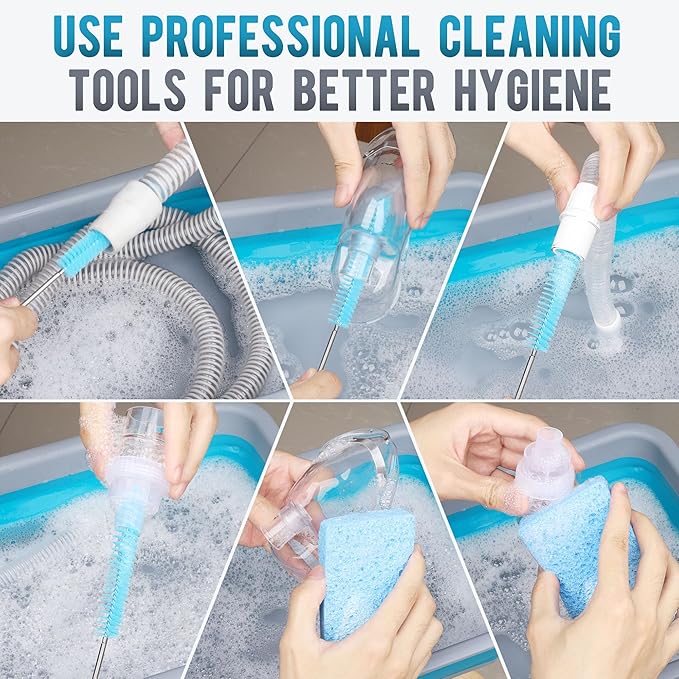 CPAP Cleaning kit Hose and Mask Brush with Collapsible Wash Basin Tub，Sponge and Storage Hag，6.9ft Extra Long Hose Brush, Compatible with 15mm and 22mm Hoses