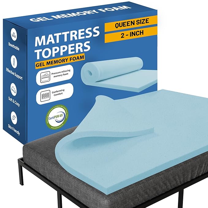 Greaton, 2-Inch Gel Memory Foam Mattress Topper, CertiPUR-US Certified for Superior Comfort and Support, Queen, Blue
