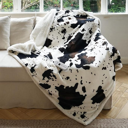Heated Blanket Twin Blanket - Fast Heating Electric Blanket, Soft Flannel Heated Twin with 4 Time Settings,10 Heating Settings, Warm Gifts for Women & Mom & Grandma(62"x84"Cow Print White)