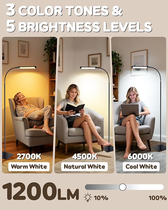 Light Therapy Lamp, 10000Lux UV-Free Sunlight Therapy Happy Lamp, Full Spectrum Light Therapy Floor Lamp with Adjustable Height & Brightness, 3 Color Temps, Therapy Lamp with Remote Control