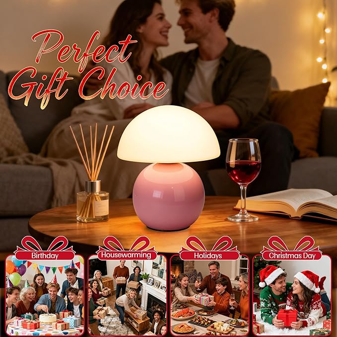 Small Mushroom Lamp,USB-Plug in Bedside Table Lamps with 3-Temperature LED Bulb Dimmable,Unique Cute Aesthetic Home Decor for Living Room,Bedroom, Modern Ceramic Base Glass Lamp(Pink)
