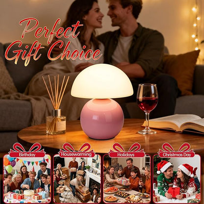Small Mushroom Lamp,USB-Plug in Bedside Table Lamps with 3-Temperature LED Bulb Dimmable,Unique Cute Aesthetic Home Decor for Living Room,Bedroom, Modern Ceramic Base Glass Lamp(Pink)