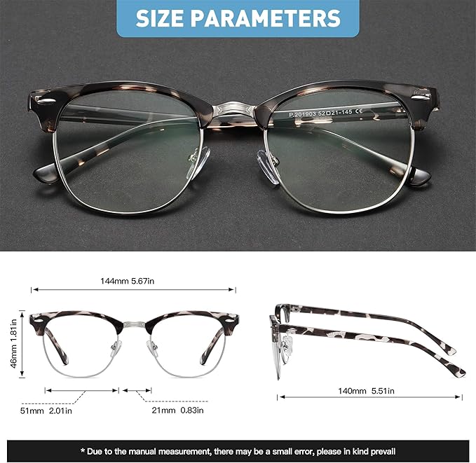 Blue Light Blocking Glasses Vintage Half Frame UV Clear Lens Anti Eyestrain Computer Gaming Glasses for Women Men (E-matte Black Silver+-leopard Silver)
