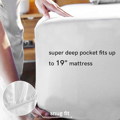 YnM Cooling Bed Sheet Set with 100 Percent Rayon Derived from Bamboo, 400TC Fabric with 2 Pillowcases and Flat Sheet, Deep Pocket Fit 19'', Silky-Soft & Sweat Wicking, 4 Piece (King, White)