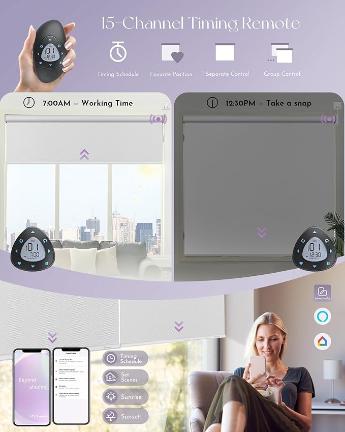 Graywind Motorized Shades 100% Blackout Compatible with Alexa Google WiFi Hardwired Smart Roller Shade Remote Control Automated Window Blinds with Valance, Customized Size (Bright White)