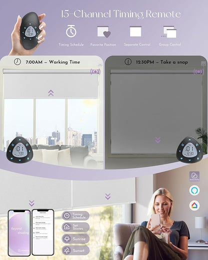 Graywind Motorized Shades 100% Blackout Compatible with Alexa Google WiFi Hardwired Smart Roller Shade Remote Control Automated Window Blinds with Valance, Customized Size (Bright White)