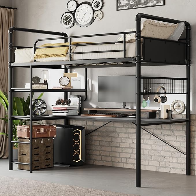 GarveeHome Loft Bunk Bed with L-Shaped Desk, Twin Loft Bed with Desk Underneath, Metal Bunk Beds with High Guardrail and Ladder for Kids/Teens/Adults, Easy Assembly, Vintage Black