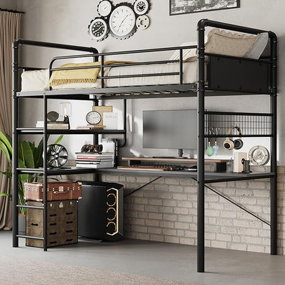 GarveeHome Loft Bunk Bed with L-Shaped Desk, Twin Loft Bed with Desk Underneath, Metal Bunk Beds with High Guardrail and Ladder for Kids/Teens/Adults, Easy Assembly, Vintage Black