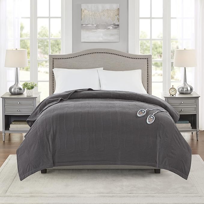 Beautyrest Electric Blanket Luxurious Micro Fleece Ultra Soft Ribbed Textured, Cozy and Snuggly Cover for Cold Weather, Fast Heating, Auto Shut Off, 20 Level Heat Setting Controller, Twin, Grey