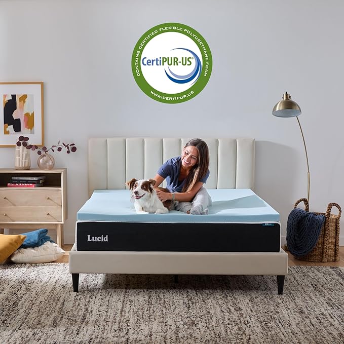 Lucid 2 Inch Memory Foam Mattress Topper, King Size – Cooling Gel Bed Topper – Pressure-Relieving Plush Feel – Ventilated Breathable Design – CertiPur Certified - Dorm Room Essentials