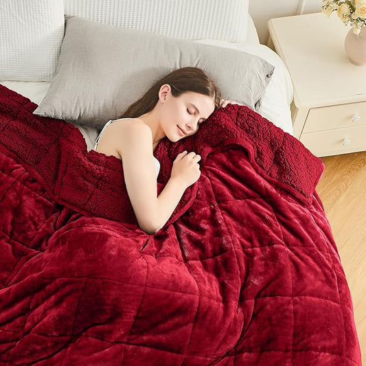 Cottonblue Sherpa Weighted Blanket for Adults 15 lbs Queen Twin Size 60x80 inches, Fuzzy Fleece Weighted Throw Blankets Cozy for Sleeping, Calming and Relax, Soft Heavy Blankets for Bed Sofa, Burgundy