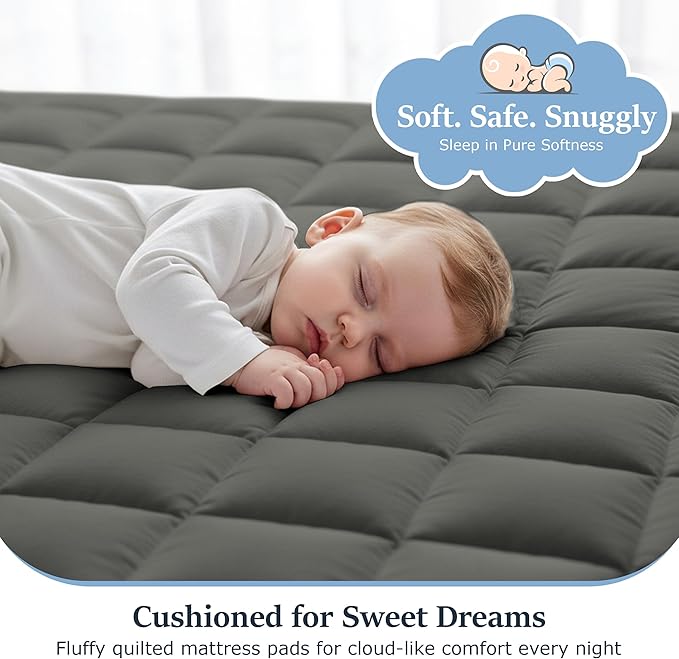 LUX Décor Full Size Mattress Pad - Quilted Elastic Fitted Mattress Cover Protector Upto 16 Inches Deep Pocket - Soft Breathable Noiseless Mattress Topper (Grey “54 X 75”)