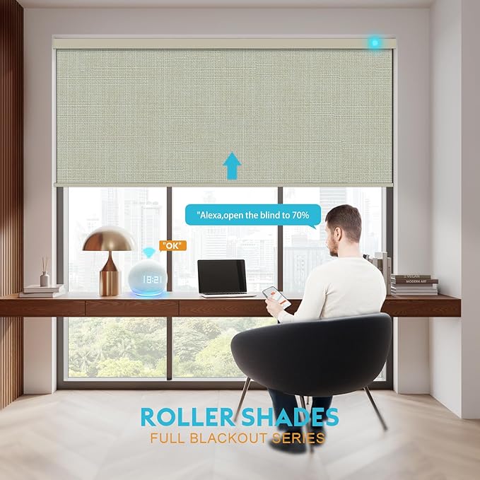 Motorized Blinds with Remote, Smart Blind Roller Shades Compatible with Alexa, Durable Rechargeable Battery Solar Power Electric Window Blinds Motorized Shades Customized Size (3-layer Beige)