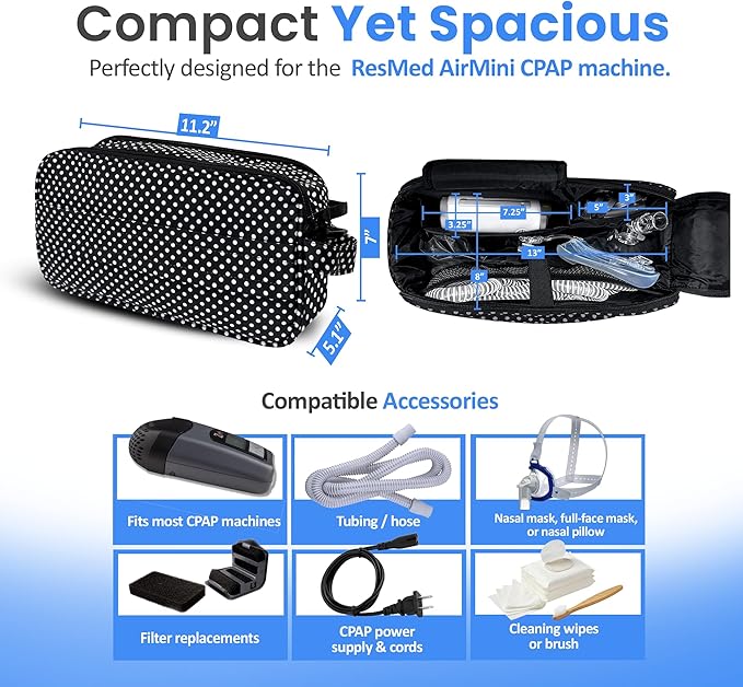 40Winkz USA, Travel Carrying & storage bag compatible with ResMed AirMini Machine, Carrying Case with adjustable shoulder strap and luggage strap Black (Empty Bag Only) (Black & White)