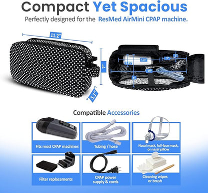 40Winkz USA, Travel Carrying & storage bag compatible with ResMed AirMini Machine, Carrying Case with adjustable shoulder strap and luggage strap Black (Empty Bag Only) (Black & White)