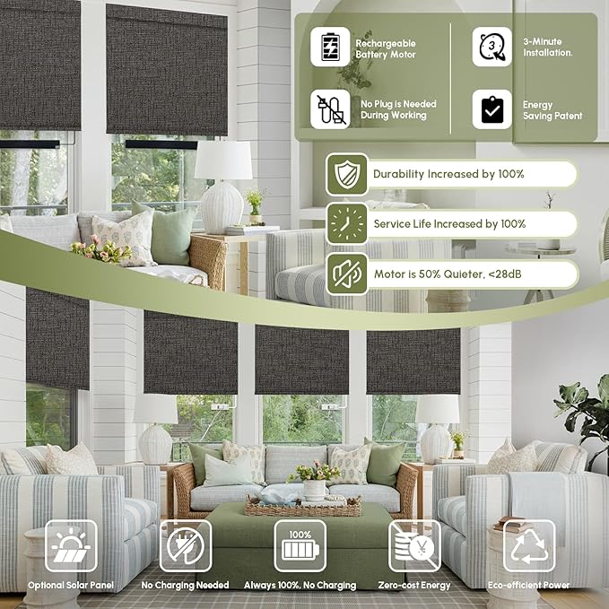 FineTell Motorized Blinds with Remote, 100% Blackout Roller Shades Compatible with Alexa,Apple Homekit,Google Home APP and Voice Control, Customized Electric Blinds (100% Blackout Classic Shadow)