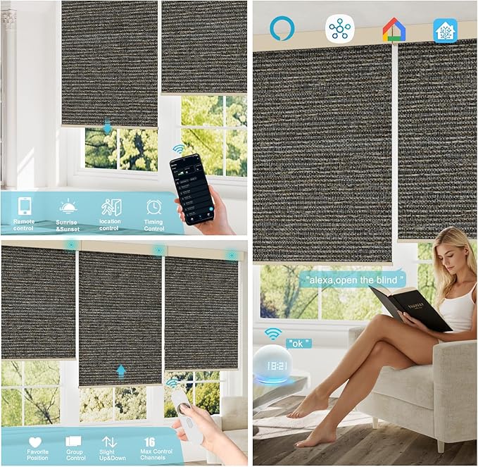 Motorized Blinds with Remote, Smart Blind Roller Shades Compatible with Alexa, Durable Rechargeable Battery Solar Power Electric Window Blinds Motorized Shades Customized Size (Luxury-Coffee)