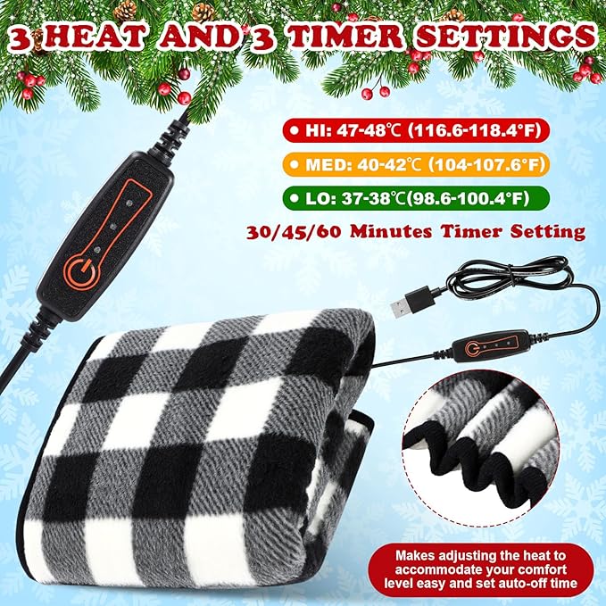 Tuanse 2 Pcs USB Heated Blanket 25"x35" Small Portable 5v 3 Setting Electric Blanket with Timer and Temperature Controller Winter Wearable Recharge Throw for Travel Home(Single Black and White Plaid)