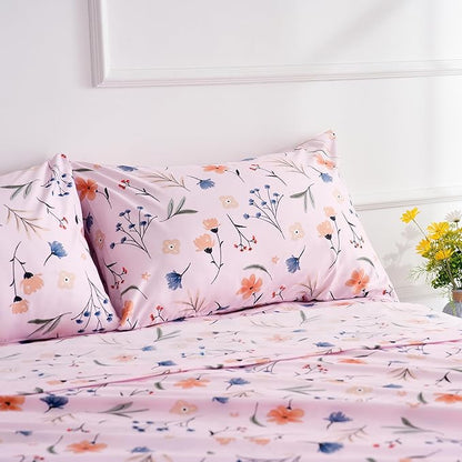 Pink Flower Twin Sheets 3 Piece Set - Botanical Pattern Microfiber Bedding Decor - Breathable, Durable, Up to 16" Deep Pocket Bed Sheet for Girls