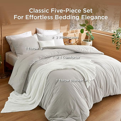 Bedsure 5 Pieces Cotton Comforter Set with Cotton Waffle Throw Blanket - Beige Queen Comforter, Pillow Shams, White Cooling Blanket of Rayon Derived from Bamboo for Hot Sleepers, Throw Pillow
