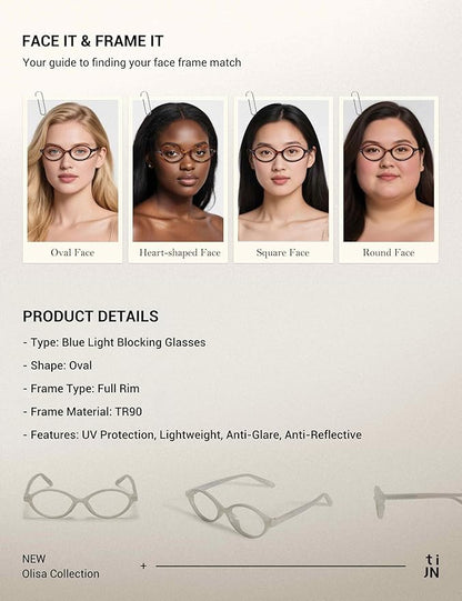 TIJN Olisa Blue Light Blocking Glasses for Women Men,Oval Glasses Frame Bluelight Glasses for Gaming/Computer/Screen