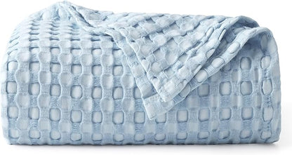 Bedsure Cooling Cotton Waffle Weave Throw Blanket - Lightweight Breathable Blanket of Rayon Derived from Bamboo for Hot Sleepers, Luxury Throws for Bed, Couch and Sofa, Light Blue, 50x70 Inches