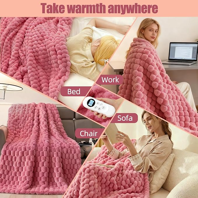 Electric Heated Blanket Throw 50" x 60" Soft Ribbed Faux Fur Flannel Fast Heating 12 Heat Levels 1–12H Timer & Overheat Protection & Auto Shut-Off & ETL FCC & Machine Washable Heated Throw