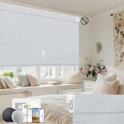 Kincmo No Drill Motorized Blinds with Remote, 100% Blackout Roller Shades for Windows, Custom Electric Blinds Compatible with Alexa, Apple Homekit, Google Home (100% Blackout Elegant Light Grey)
