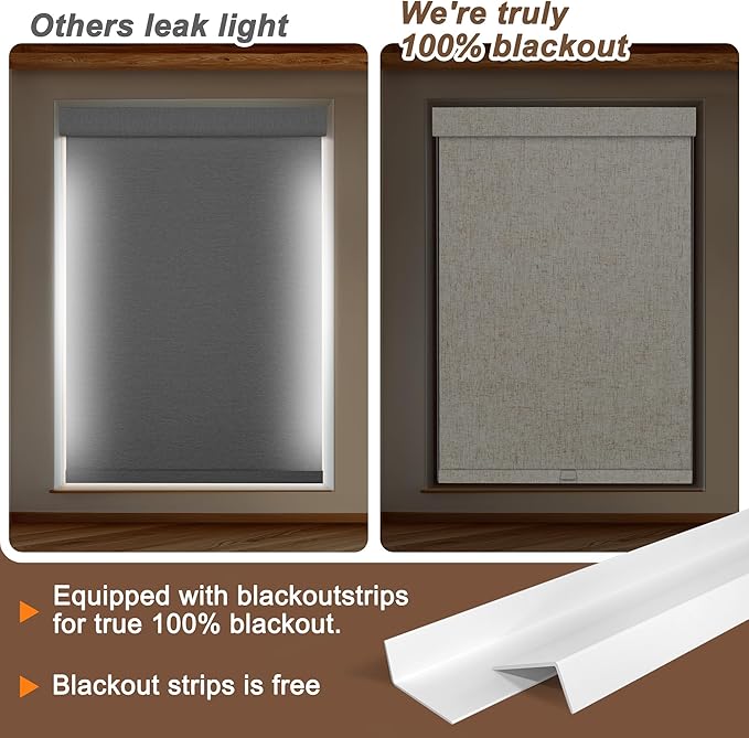 BERISSA No Drill No Tools Blackout Roller Shades for Indoor Windows Cordless, Linen Fabric,Roller Blinds with Light Blocking Strips,Window Shades for Home,Bedroom,Custom Color.Custom Size
