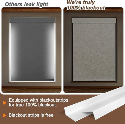 BERISSA No Drill No Tools Blackout Roller Shades for Indoor Windows Cordless, Linen Fabric,Roller Blinds with Light Blocking Strips,Window Shades for Home,Bedroom,Custom Color.Custom Size