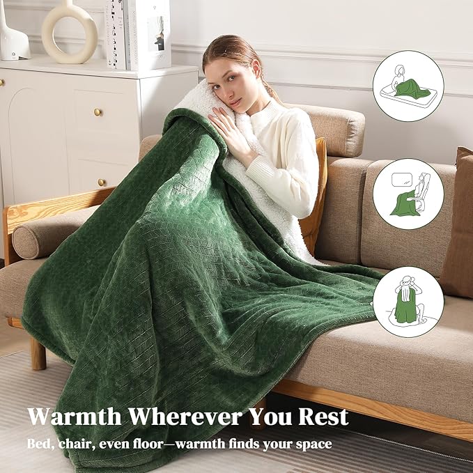 Heated Blanket King Size 90"x100" Electric Blanket King with Dual Control 5 Heat Settings, 10H Auto Off, FCC/ETL Certified, Wheat Pattern Flannel, Grandma, Machine Washable, Green