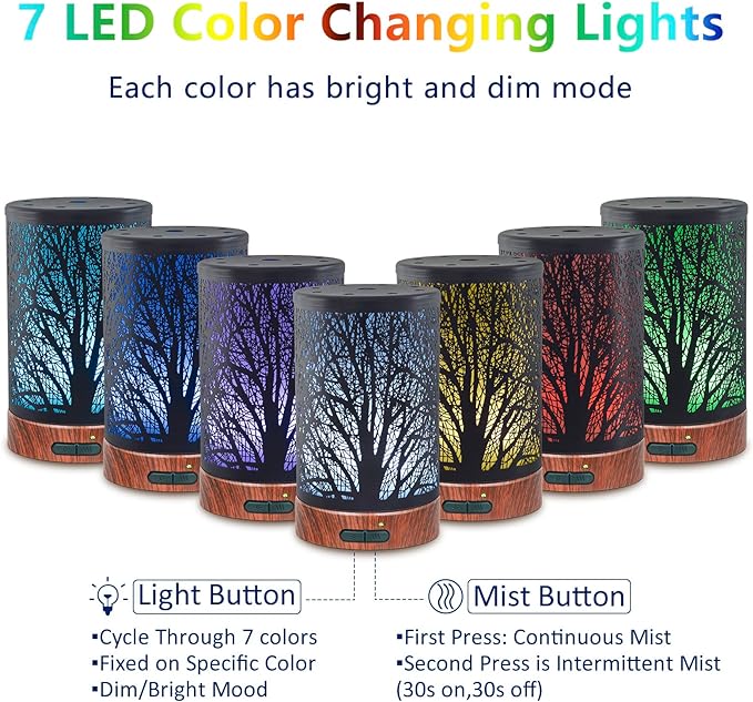 EQUSUPRO Essential Oil Diffuser 150ml Black Metal Aromatherapy Oil Diffuser Ultrasonic Cool Mist Diffuser with Auto Shut-Off Protection,7 Colors Changed LED for Home Office SPA Yoga (A-Tree)