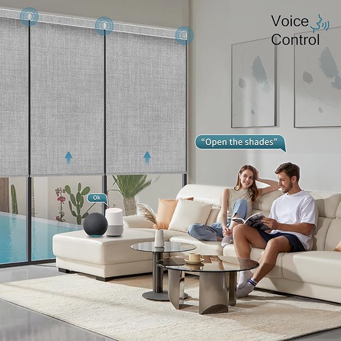 Motorized Roller Shade, 100% Blackout Smart Window Blinds Work with Homekit, Alexa, Google Home, Remote Control, Electric Blinds with USB/Solar Pannel Charging,Gentle Pale Grey