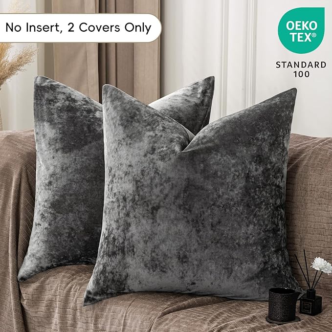 PHF Truly Velvet Throw Pillow Covers, 24"x24", No Insert, 2 Pack Color Gradient Cushion Covers, Ultra Soft Cozy Square Covers Shell for Luxurious Home Decor, No Shedding,No Pilling, Charcoal/Dark Grey
