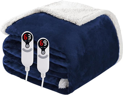 Electric Heated Blanket Queen Size 84"x90", Soft Flannel with Dual Controllers & Overheat Protection, 9 Adjustable Heat Settings & 10-Hour Auto-Off Timer, Fast Heating for Winter Comfort, Navy Blue