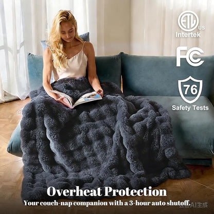 IUUI Electric Heated Blanket Queen 84''x90'',Luxury Faux Rabbit Fur Heating Throw Blankets,Fast Heating with 1/2/4/6/8/10 Hours,Overheat Protection, Quick Heating, Memory Function, Gift-Ready Design