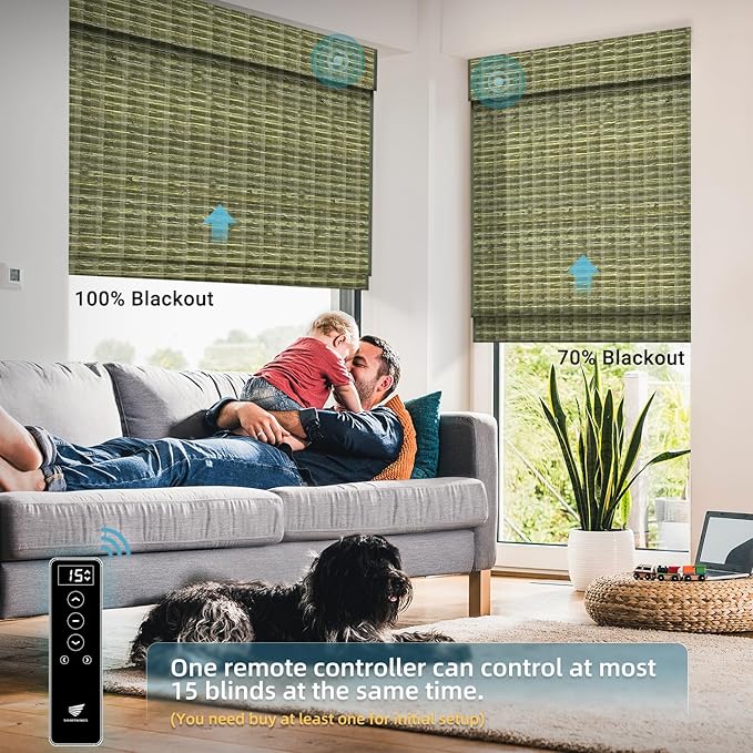 SmartWings Motorized Natural Woven Wood Shades for Windows, Electric Roman Shades with Remote for Bedroom Living Room, Work with Matter Zigbee Alexa Z-Wave Google Home, Customized, Bamboo Jute 922