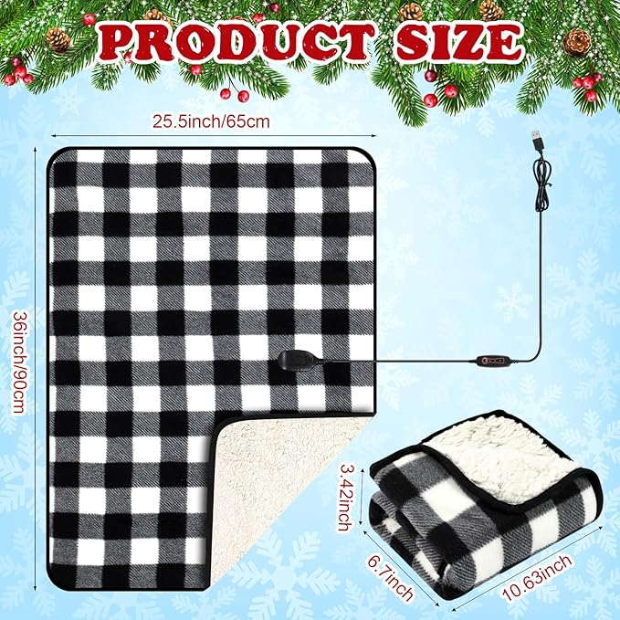 Tuanse 2 Pcs USB Heated Blanket 25"x35" Small Portable 5v 3 Setting Electric Blanket with Timer and Temperature Controller Winter Wearable Recharge Throw for Travel Home(Single Black and White Plaid)