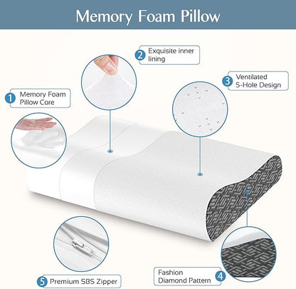 Memory Foam Pillows for Neck Pain Relief, Cooling Neck Pillow for Sleeping, Ergonomic Cervical Neck Support Pillow with Breathable Pillowcase for Side Back Stomach Sleepers