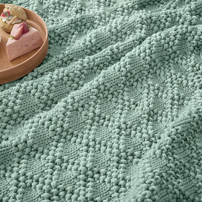 Knitted Weighted Blanket for Adult, Chunky Knit Weighted Throw for Sleep 60"*80" 15lbs, Cooling Breathable Machine Washable Heavy Blanket for Room Decor (HazeGreen, Queen)