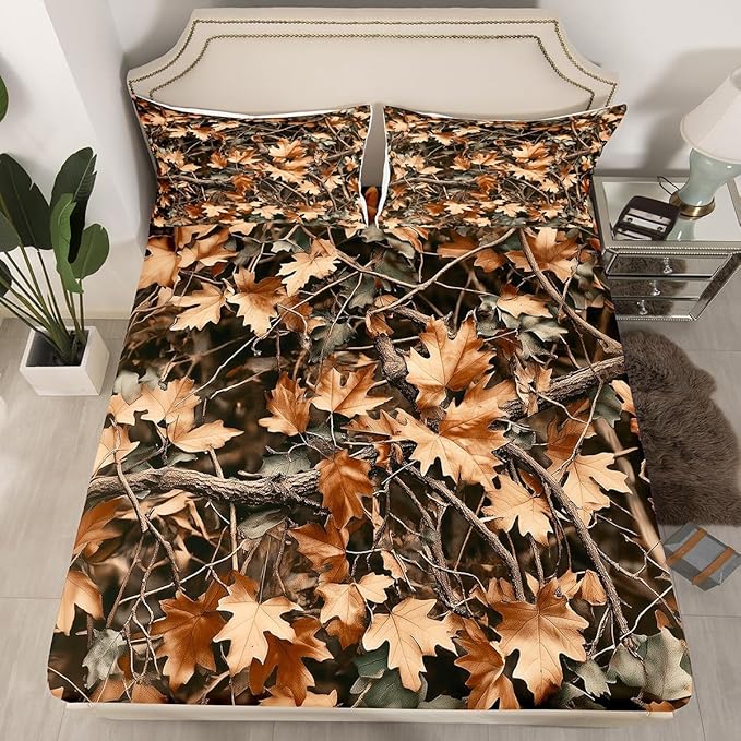 Camoflage Kids Fitted Sheet Full Size,Jungle Woods Fall Leaves Rustic Nature Bedding Set,Boys Girls Room Decor,Hunter Cabin Adventure Camo Bed Cover,Brown Bed Sheet,2 Pillowcases(No Top Sheet)