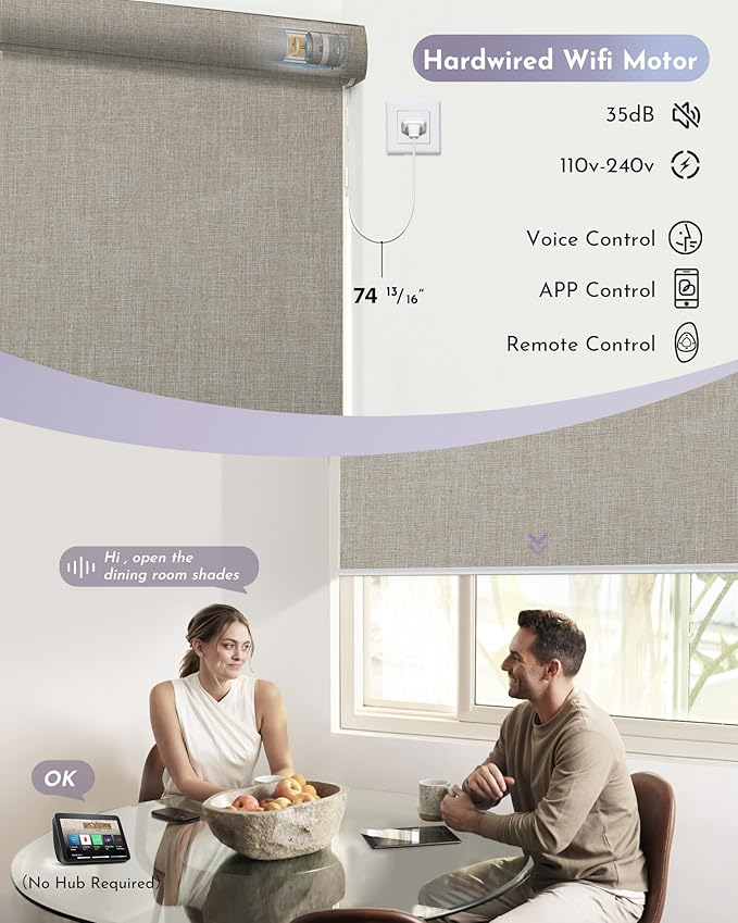 Graywind Smart Blackout Roller Shades Compatible with Alexa Google WiFi Hardwired Triple Weaved Fabric Motorized Blinds Remote Window Shades, Custom Size (Light Coffee)