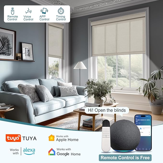 Motorized Blinds with Remote,Light Filtering Smart Roller Shades with App,Voice Control,See-through Fabric,Thermal Insulated Automatic Blinds,Electric Shades with USB/Solar Pannel.Solar Beige