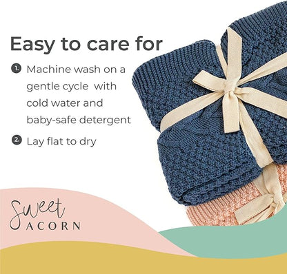Knit Baby Blanket in Cable Pattern, Organic Cotton Blankets for Crib or Stroller, Receiving Blankets - Bay Blue