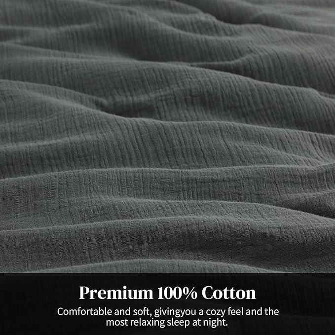 HOMBYS 100% Cotton Muslin Comforter Oversized King 128x120, Lightweight and Breathable Down Alternative Comforter,Soft Gauze Summer Dark Grey Reversible Fluffy Duvet Insert