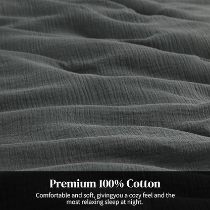 HOMBYS 100% Cotton Muslin Comforter Oversized King 128x120, Lightweight and Breathable Down Alternative Comforter,Soft Gauze Summer Dark Grey Reversible Fluffy Duvet Insert