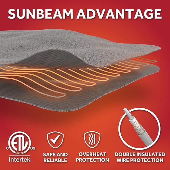 Sunbeam Royal Ultra Fleece Heated Electric Blanket Queen Size, 90" x 84", 12 Heat Settings, 12-Hour Selectable Auto Shut-Off, Fast Heating, Machine Washable, Warm and Cozy, Iron